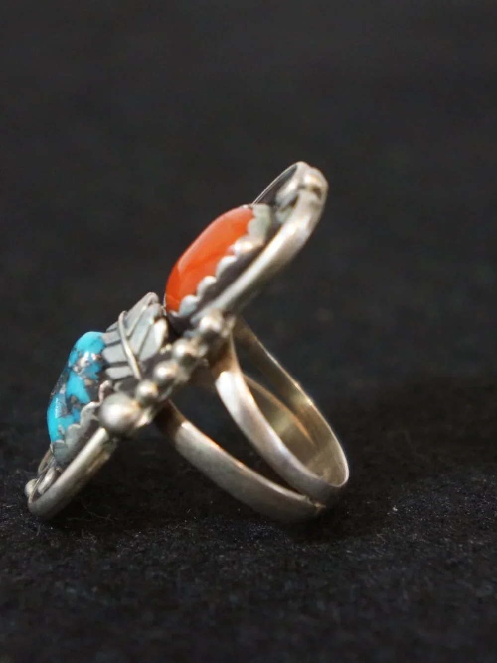 VTG Navajo Sterling Silver Turquoise Coral Bypass Ring 1.5” Jeweler Verified
